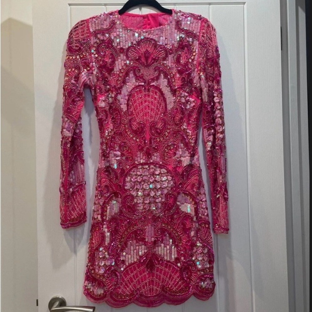 ASOS Vibrant Pink beaded Long Sleeve Dress w/ silk chiffon overskirt